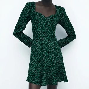 Zara floral print sweatheart neckline long sleeve mini dress black green size M